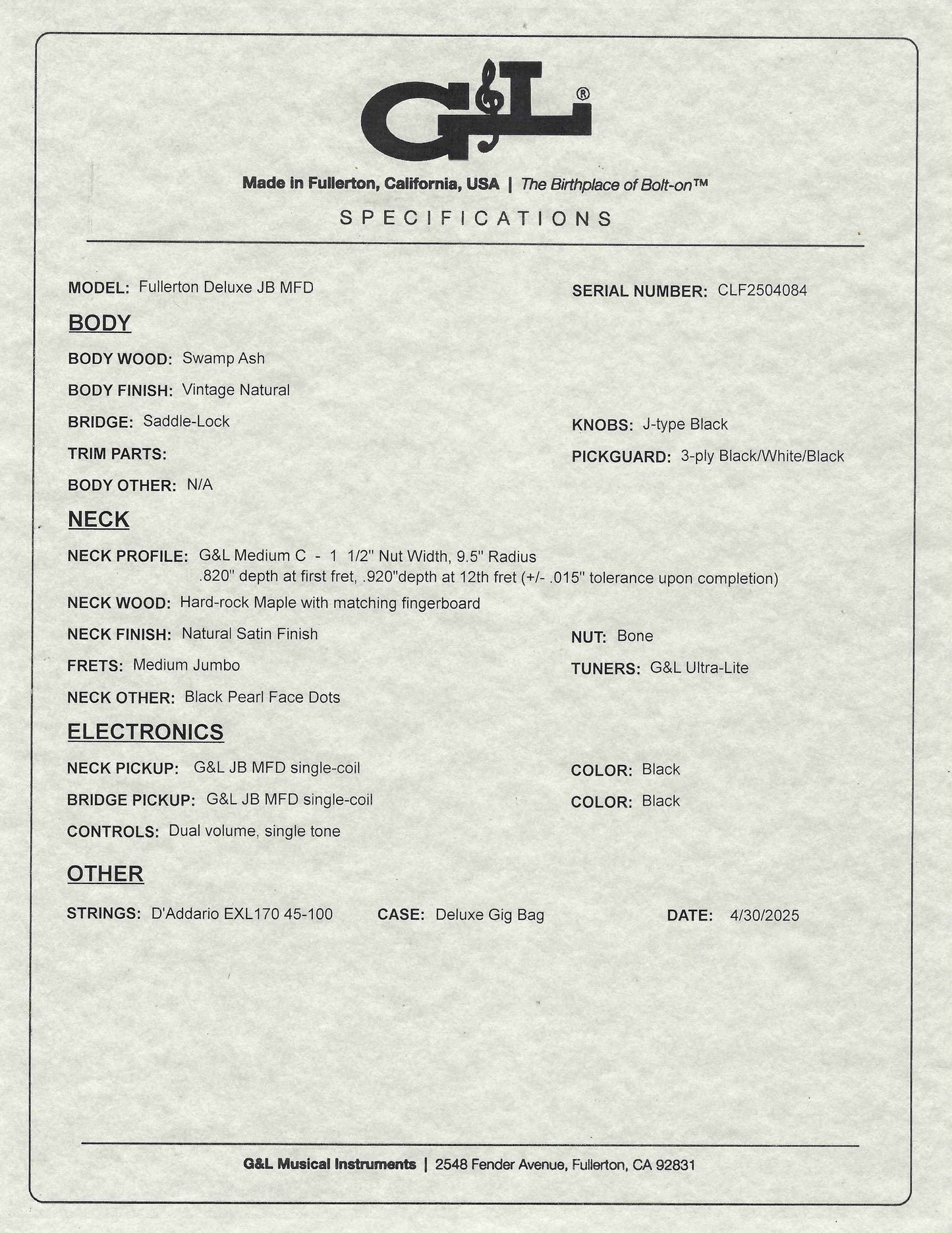 G&L USA Fullerton Deluxe JB MFD 4 String Jazz Bass Vintage Natural & Bag #4084