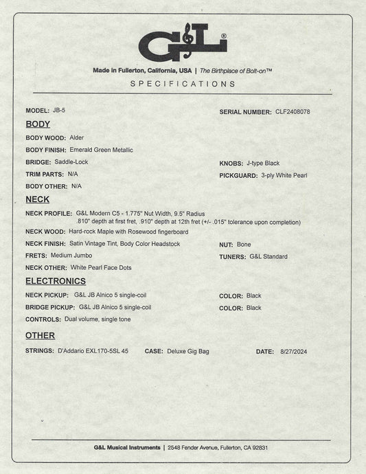 G&L USA BTO JB5 5 String Bass Emerald Green JB-5 & Bag #8078