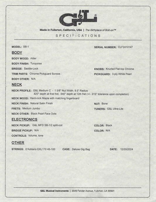 G&L USA BTO SB-1 4 String Bass Turquoise & Bag #0147