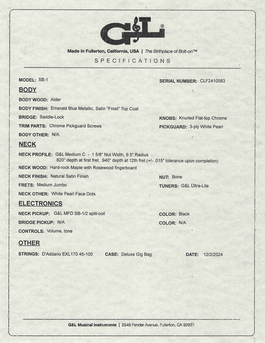 G&L USA BTO SB-1 4 String Bass Emerald Blue Frost & Bag #0083