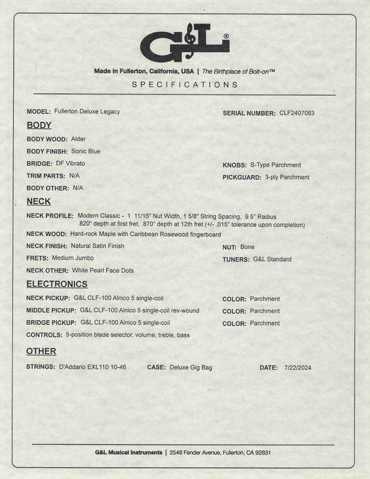 G&L USA BTO Legacy Sonic Blue Guitar & Bag #7083