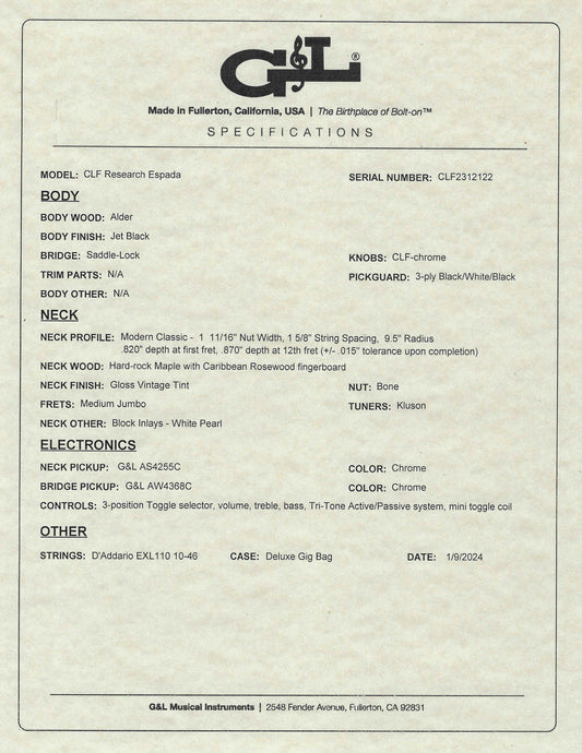 G&L USA BTO Espada HH Active Jet Black Guitar & Bag #2122