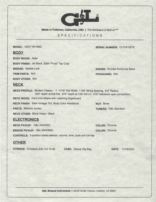 G&L USA BTO ASAT HH RMC Jet Black Frost Guitar & Bag #0078