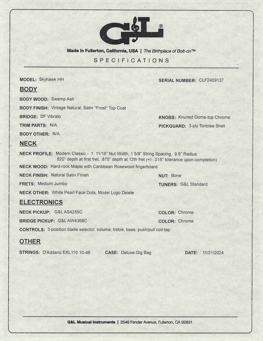 G&L USA BTO Skyhawk HH Vintage Natural Frost Guitar & Bag #9137