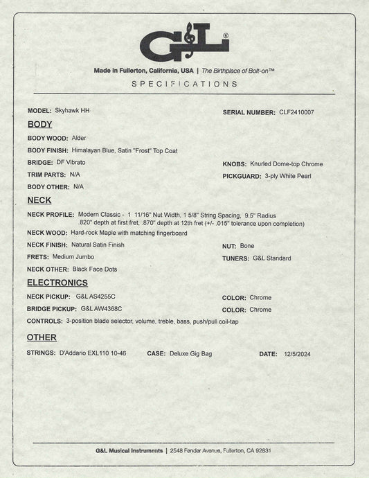 G&L USA BTO Skyhawk HH Himalayan Blue Guitar & Bag #0007