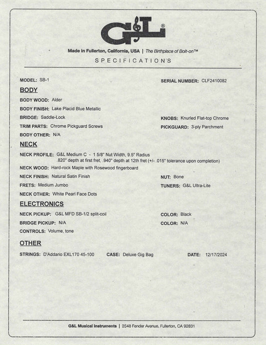 G&L USA BTO SB-1 4 String Bass Lake Placid Blue & Bag #0082 Blem