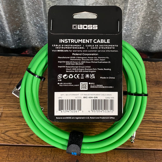 Boss BIC-10A-GN 10' / 3m Right Angle to Straight 1/4" Guitar Instrument Cable GREEN