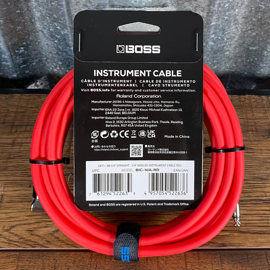 Boss BIC-10A-RD 10' / 3m Right Angle to Straight 1/4" Guitar Instrument Cable RED