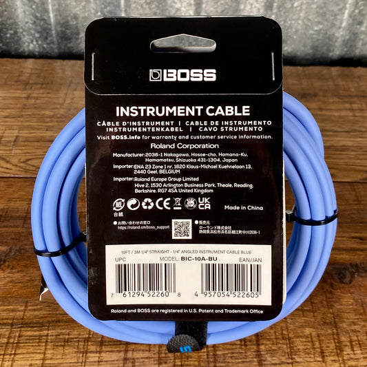 Boss BIC-10A-BU 10' / 3m Right Angle to Straight 1/4" Guitar Instrument Cable BLUE