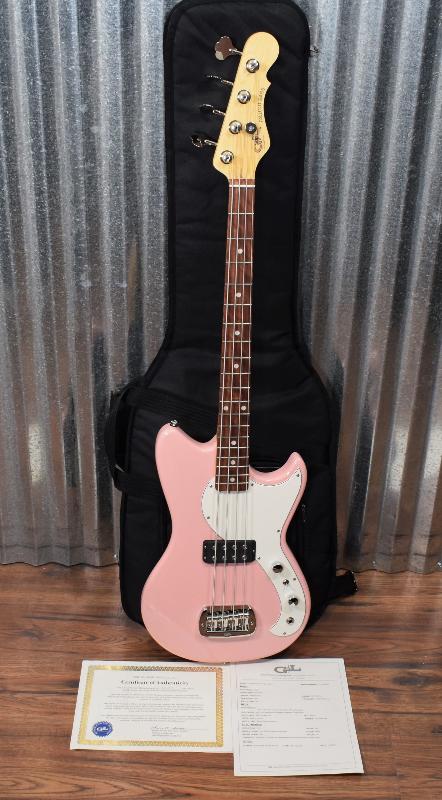G&L USA Fullerton Deluxe Fallout 4 String Short Scale Bass Shell Pink & Bag #5181