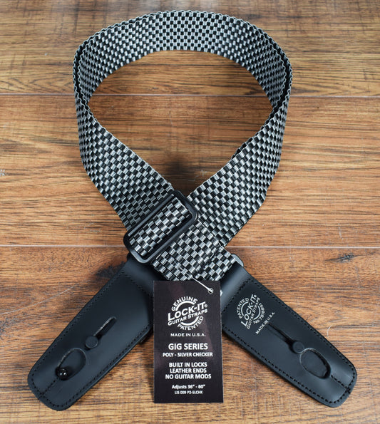 LOCK-IT Straps Polypro Series 2" Silver Checkerboard Guitar Bass Straplock Strap P2-SLCHK