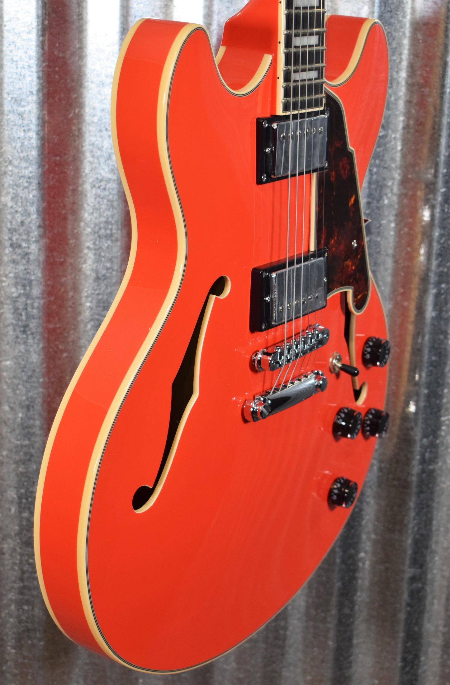 D'Angelico Premier DC Double Cut Semi Hollow Stop Bar Fiesta Red Guitar & Bag #5384