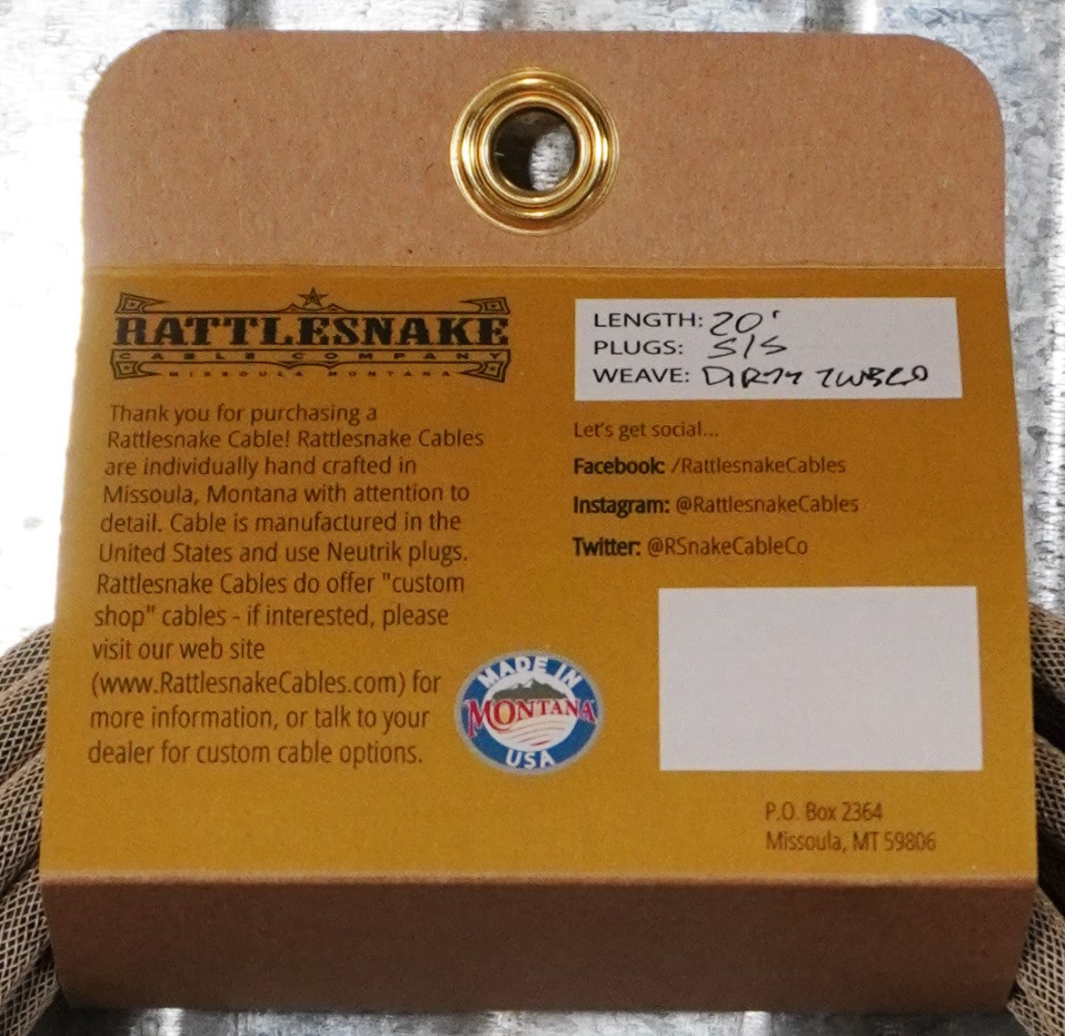 Rattlesnake Cable Co 20-ST-DT-S-NN 20' Standard Cable Dirty Tweed Straight Plugs