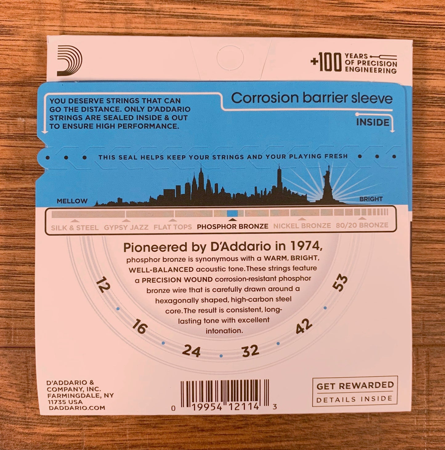 D'Addario EJ16 Phosphor Bronze Light Acoustic Guitar Strings 12-53 3 Pack