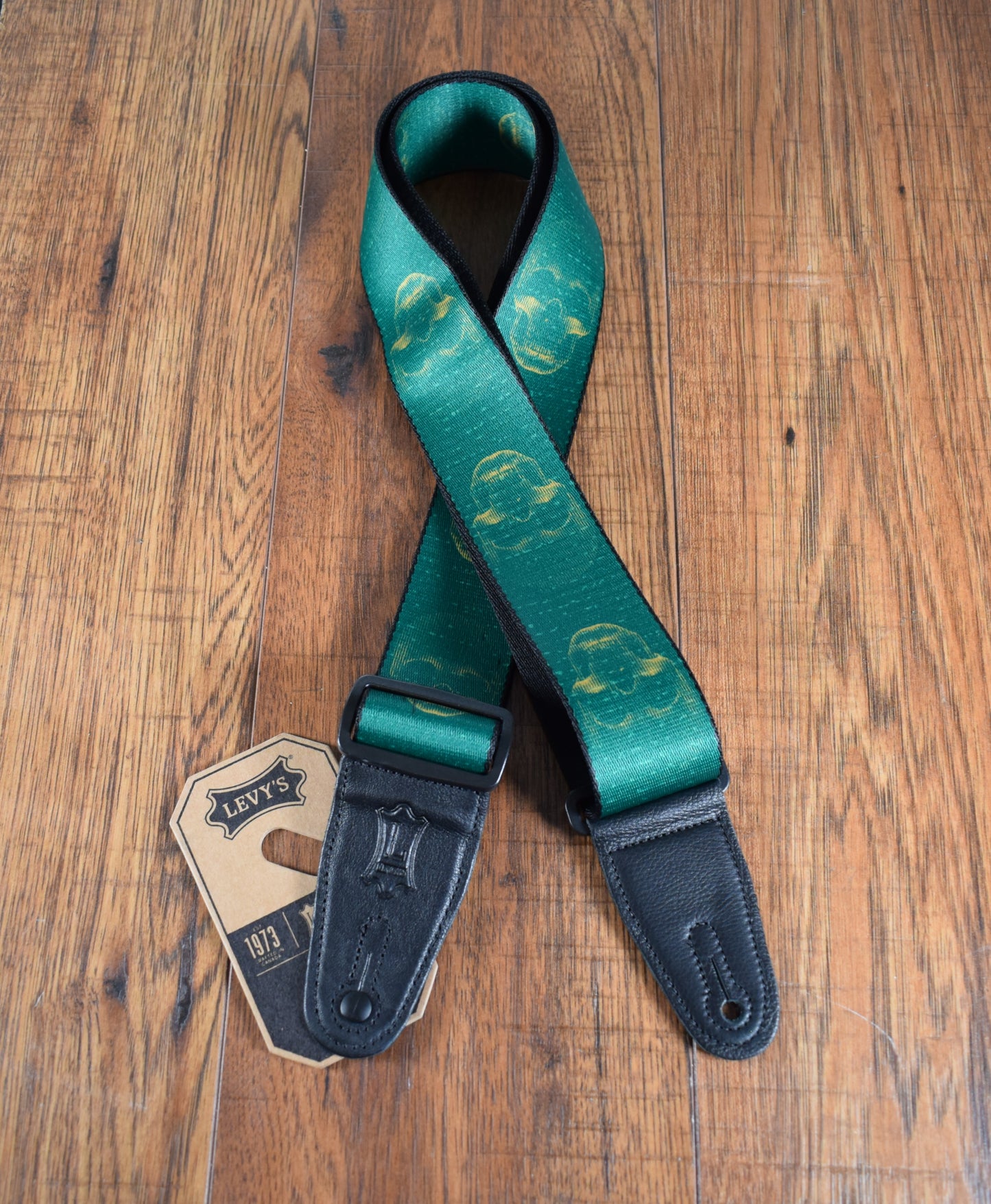 Levy's MPD2-113 2" Polyester Guitar Bass Strap Green & Mustard Scanned Skull