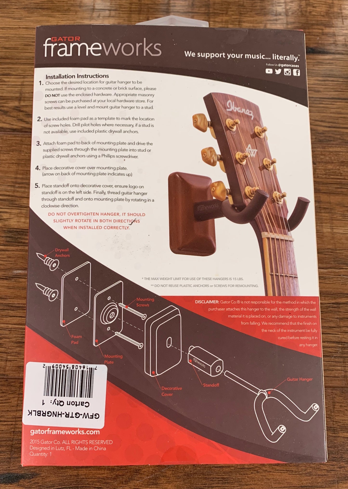 Gator Frameworks GFW-GTR-HNGRBLK Guitar Wall Hanger Black