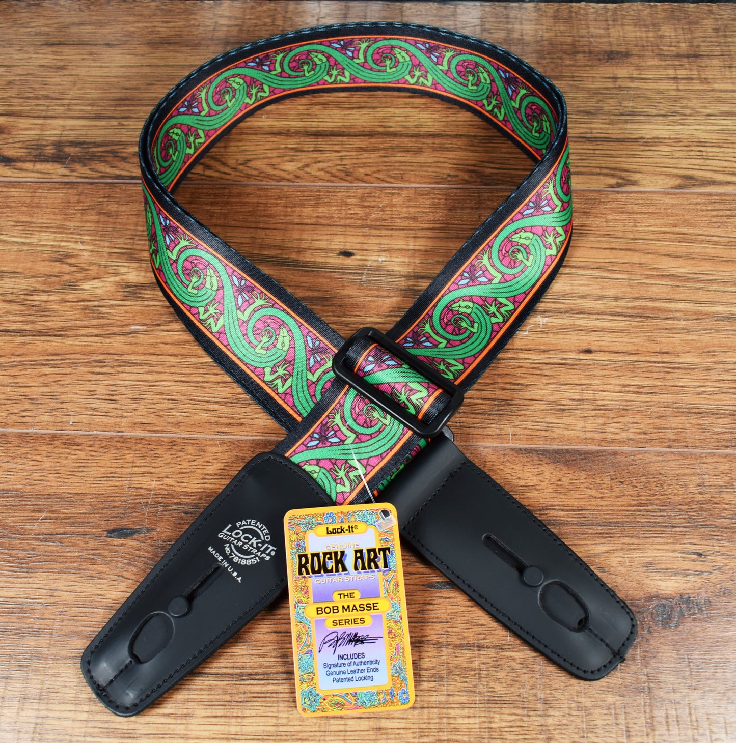 LOCK-IT Straps Bob Masse Series 2" Green Lizards Guitar Bass Strap 033 BM-3