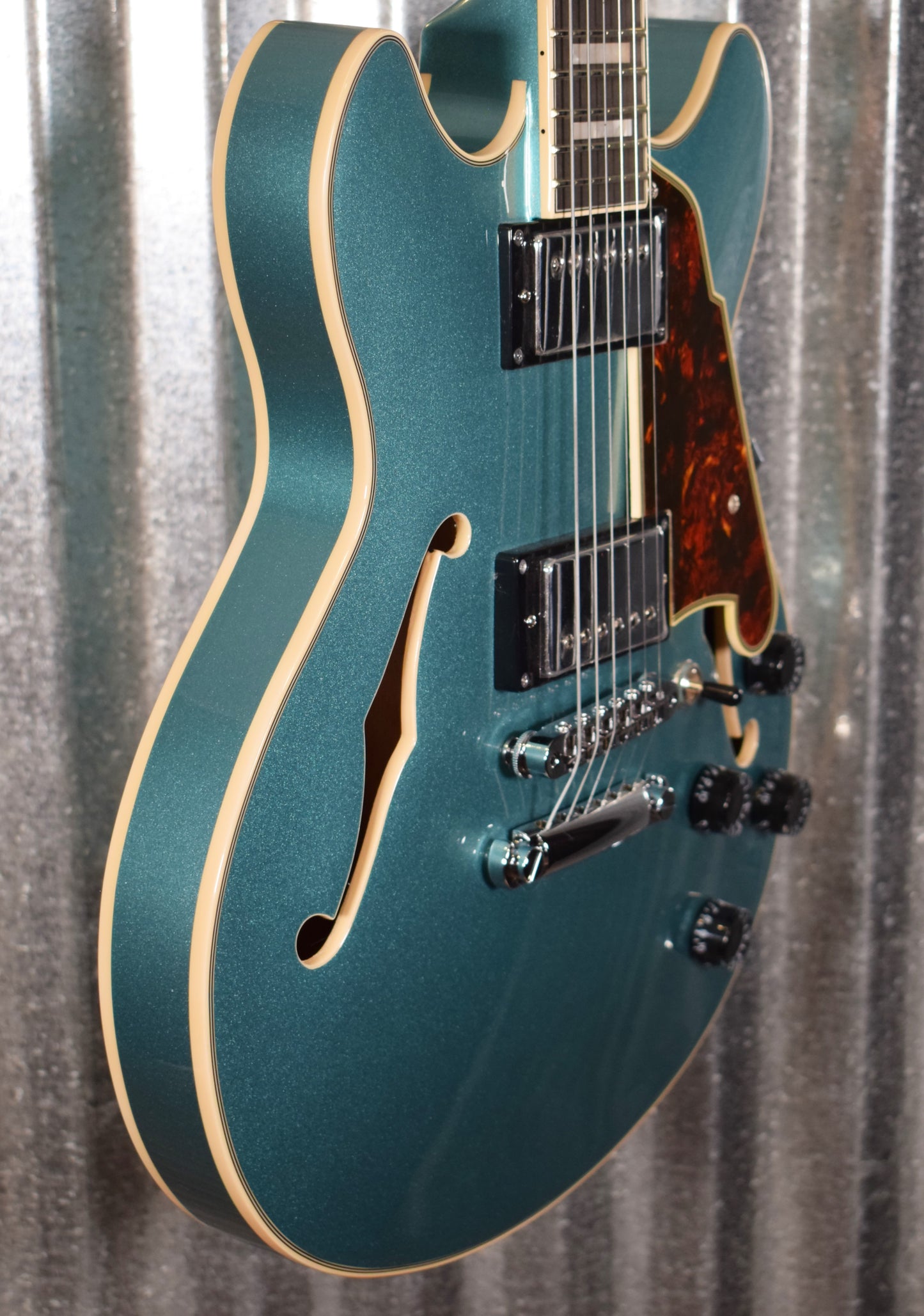 D'Angelico Premier Mini DC Double Cut Semi Hollow Stop Bar Ocean Turquoise Guitar & Bag #0089