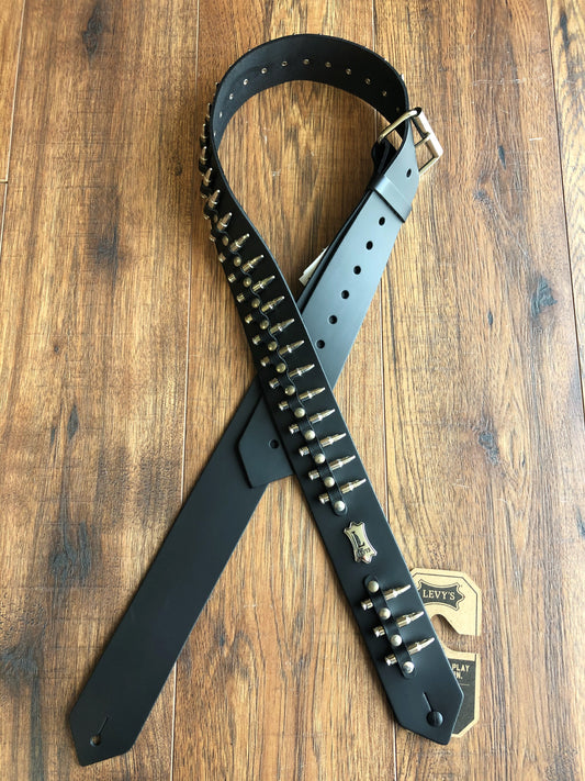 Levy's PM28-2B-BLK 2" Adjustable Leather Guitar & Bass Strap Black Metal Fake Bullet