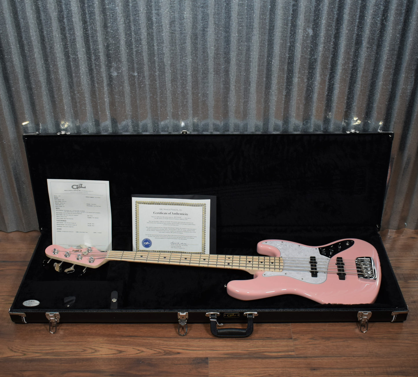 G&L USA JB-5 Shell Pink 5 String Jazz Bass Maple Satin Neck & Case #6099