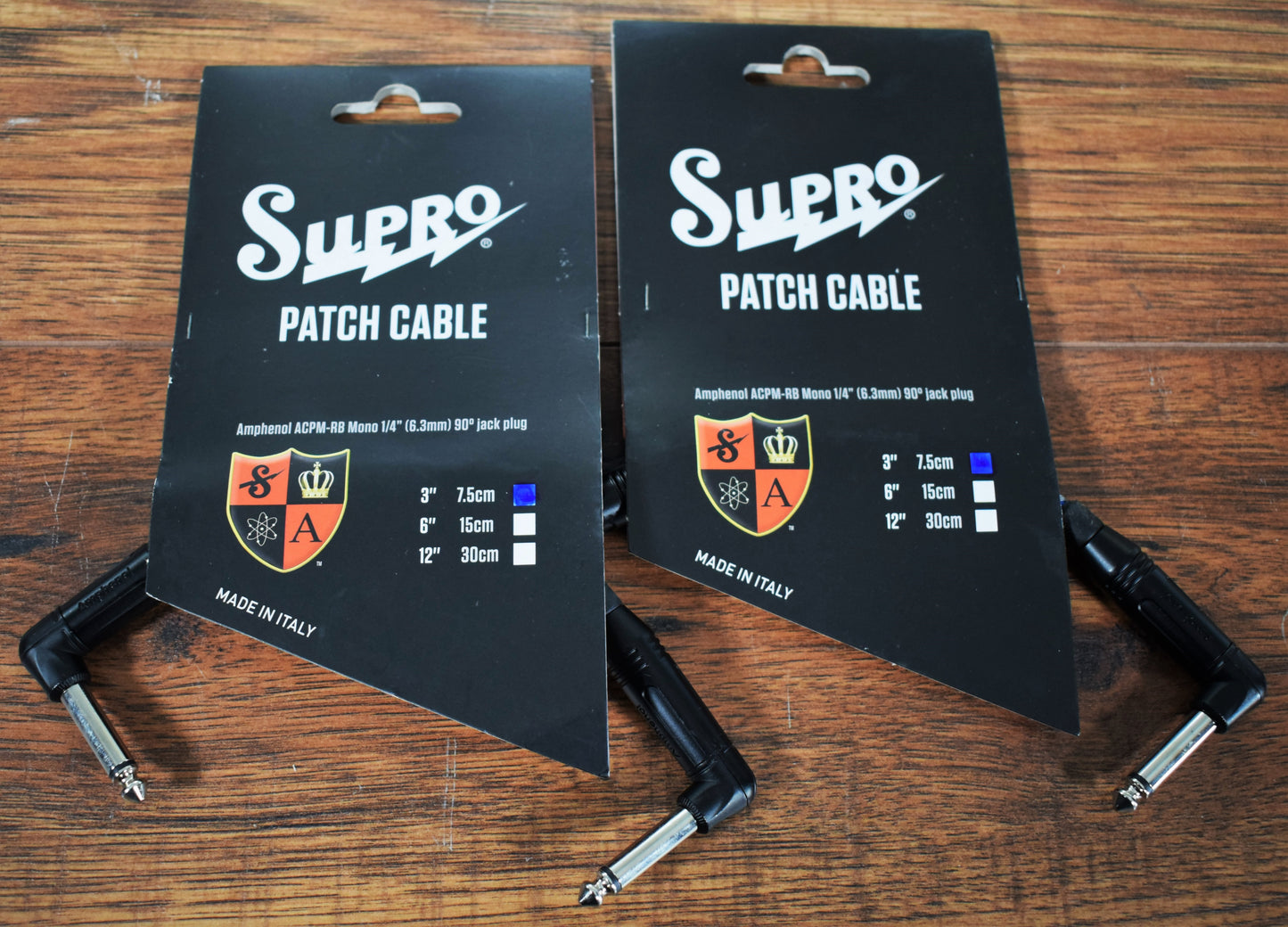 Supro USA PC-3 3" Guitar Bass Instrument Pedalboard Right Angle Patch Cable Blue 2 Pack