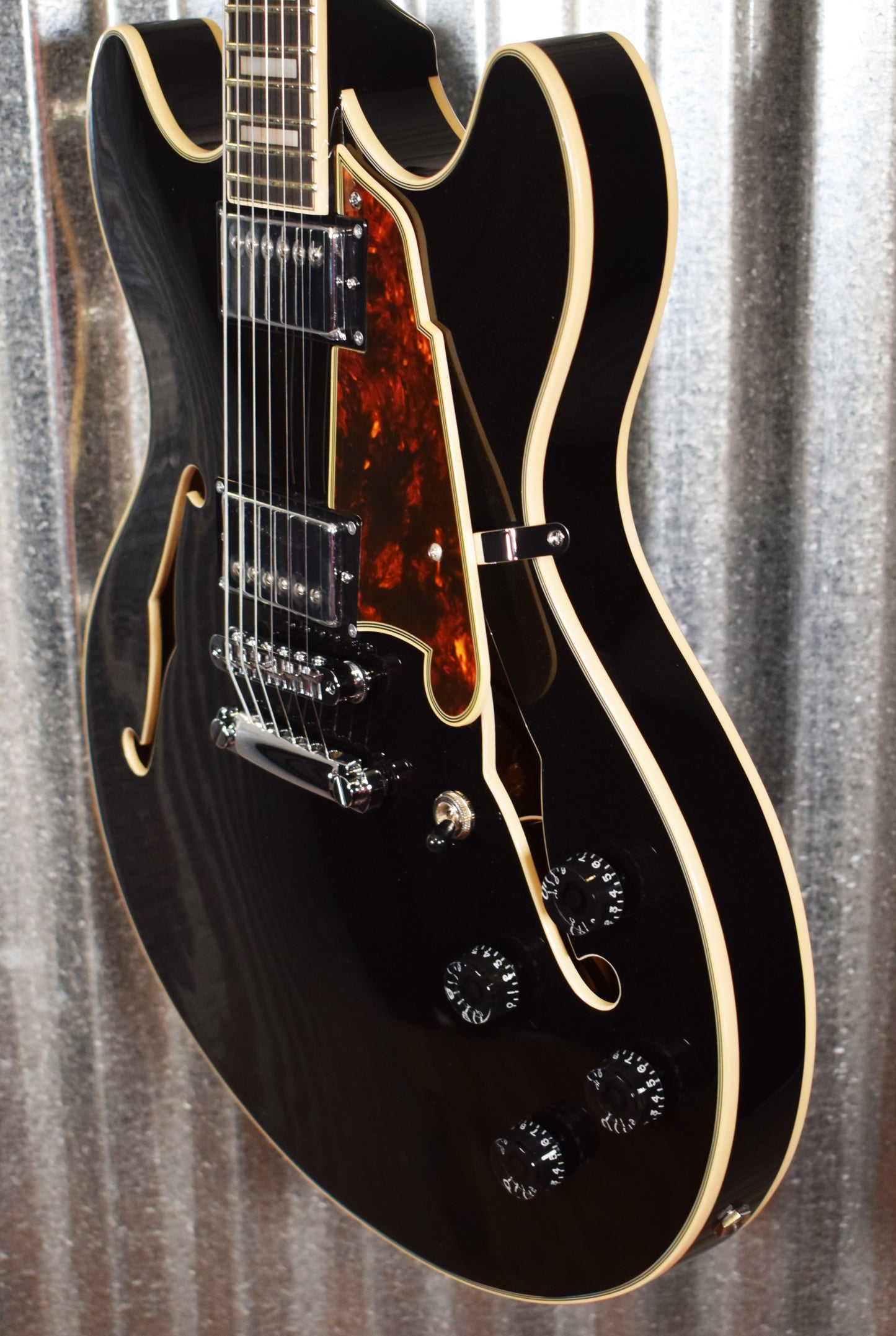 D'Angelico Premier DC Double Cut Semi Hollow Stop Bar Black Flake Guitar & Bag #1968