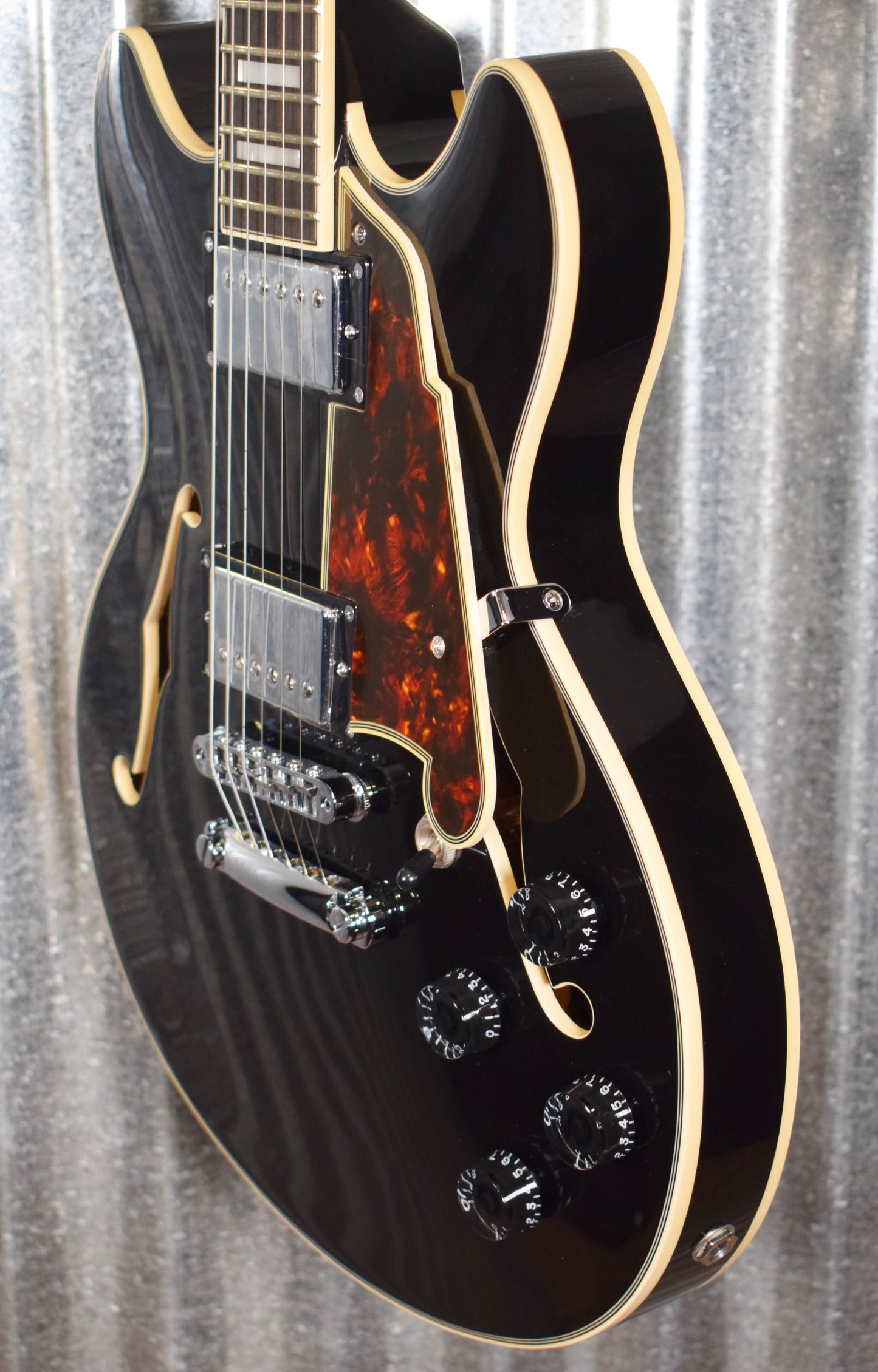 D'Angelico Premier Mini DC Double Cut Semi Hollow Stop Bar Black Flake Guitar & Bag #1436