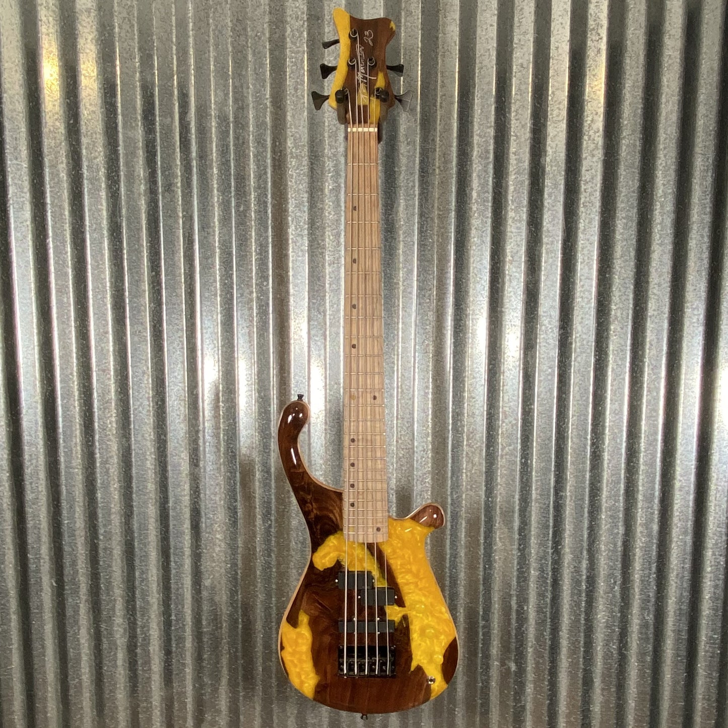 Tom Martinson Walnut Burl Yellow Resin EMG PJ 5 String Bass #23 Used