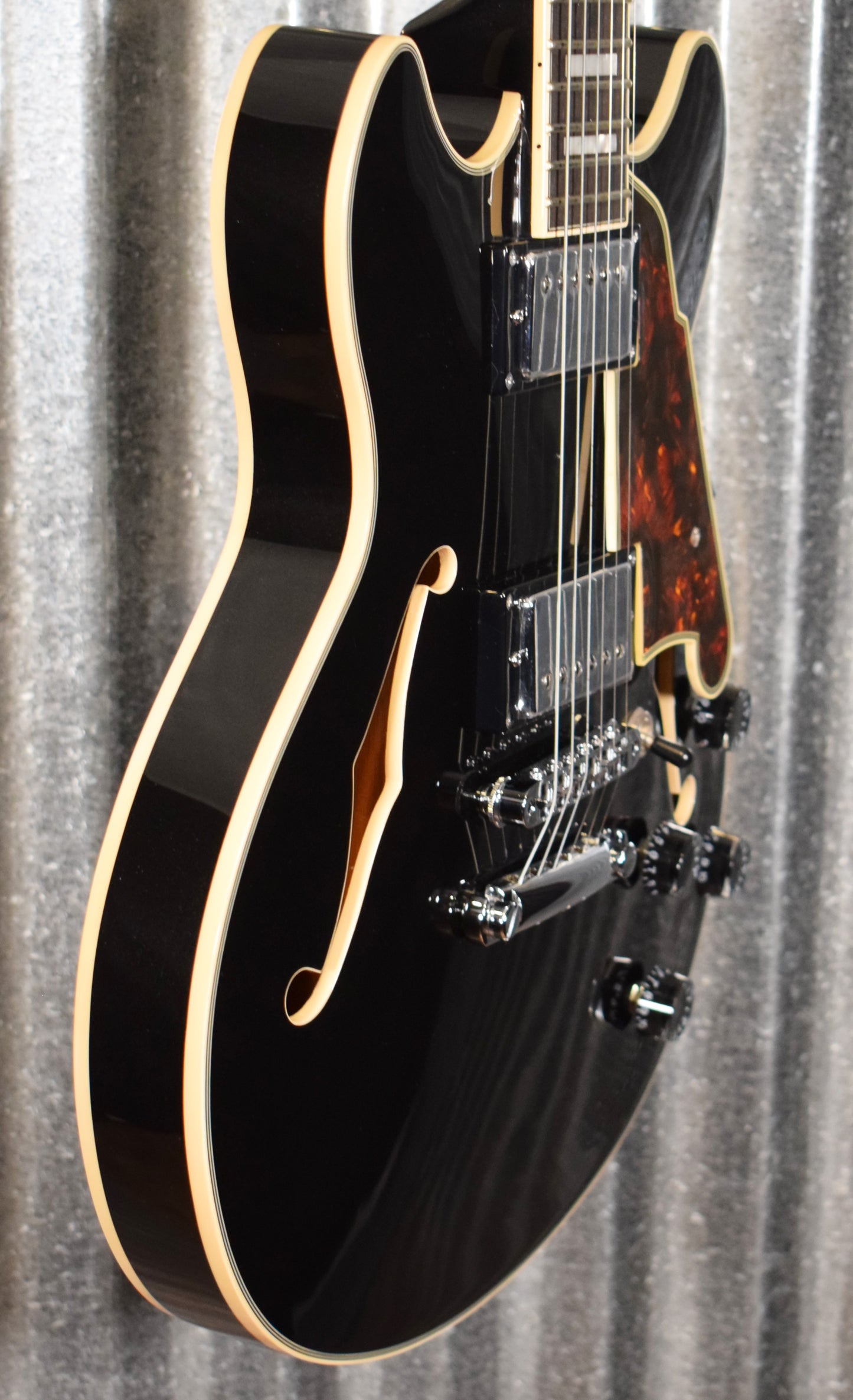 D'Angelico Premier Mini DC Double Cut Semi Hollow Stop Bar Black Flake Guitar & Bag #1436