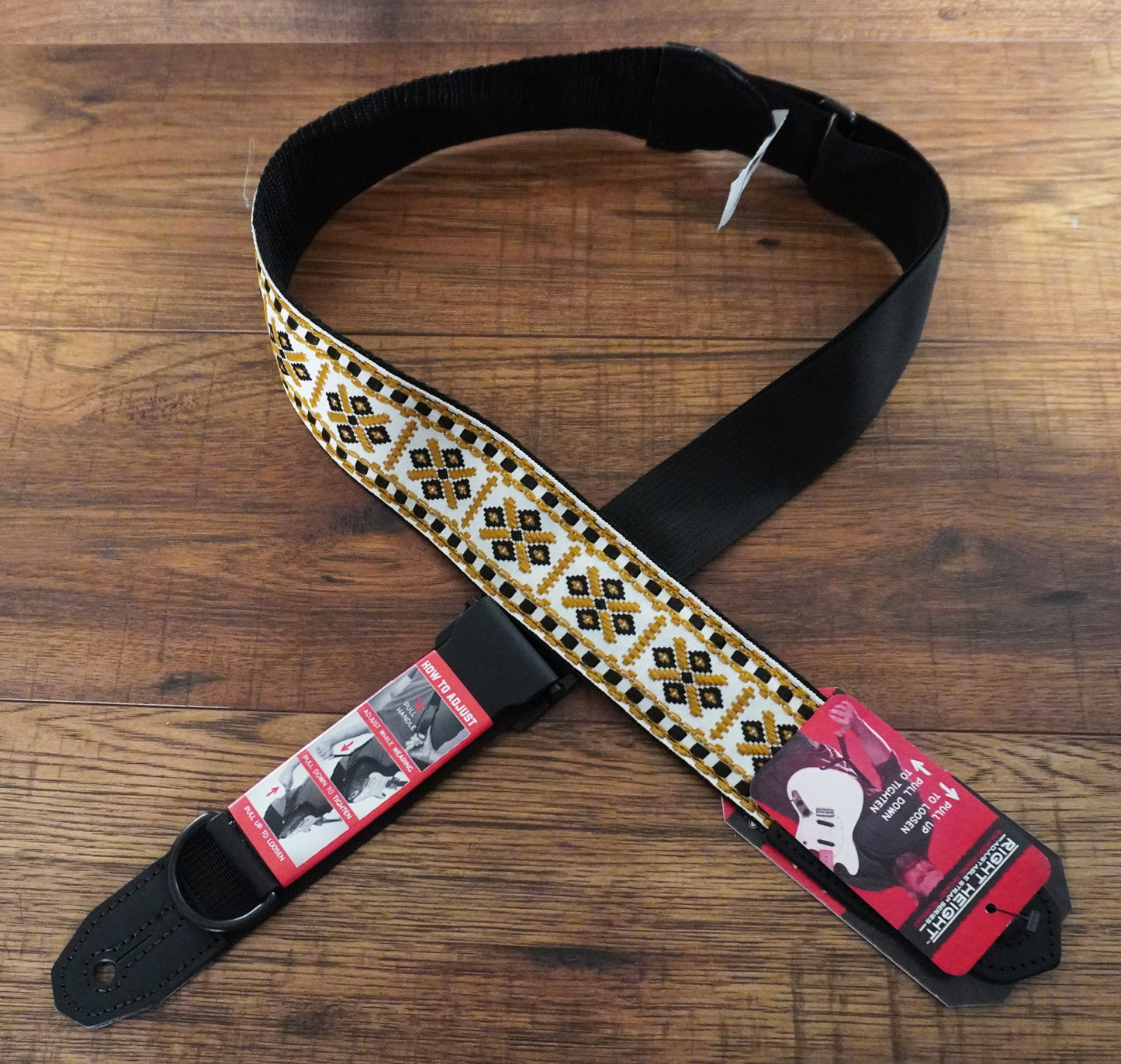 Levy's MRHHT-07 Right Height™ 2-Inch Jacquard Weave Guitar Bass Strap with White, Black & Gold Hootenanny Motif