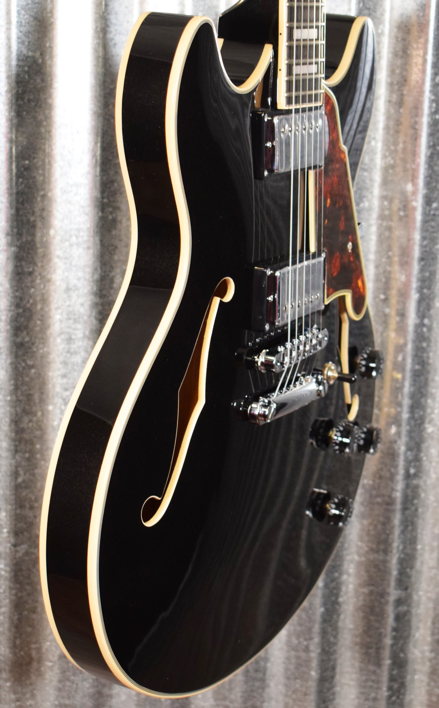 D'Angelico Premier DC Double Cut Semi Hollow Stop Bar Black Flake Guitar & Bag #1968