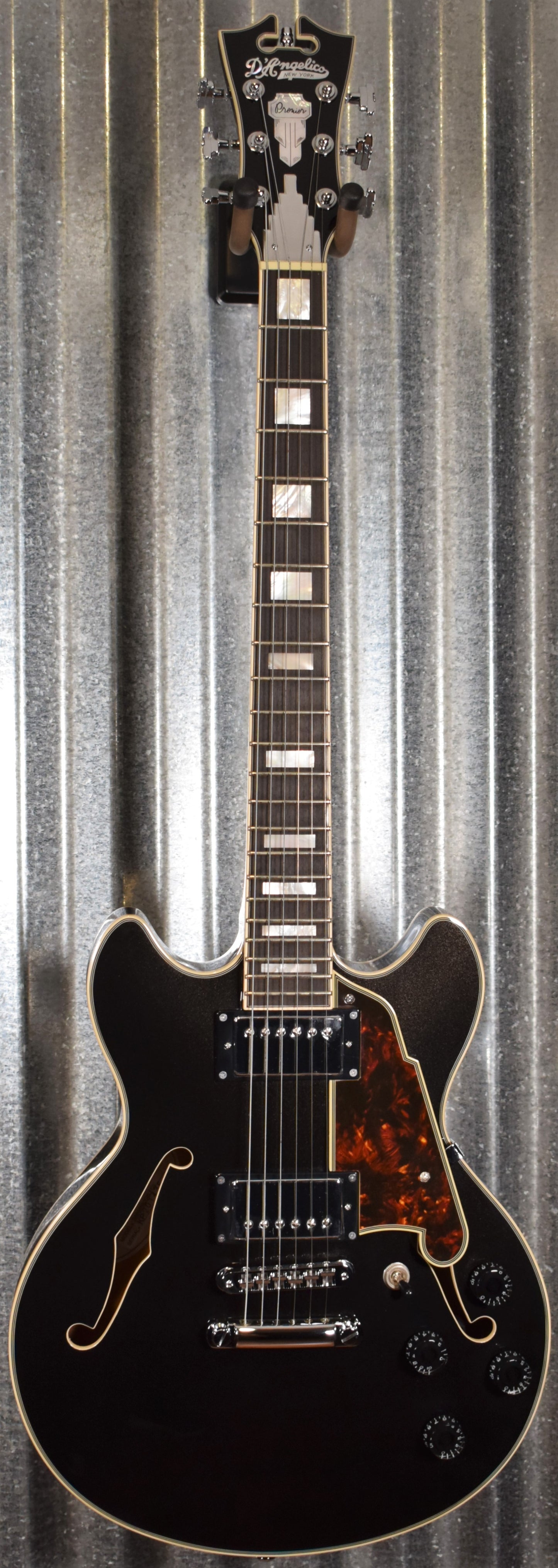D'Angelico Premier Mini DC Double Cut Semi Hollow Stop Bar Black Flake Guitar & Bag #1436