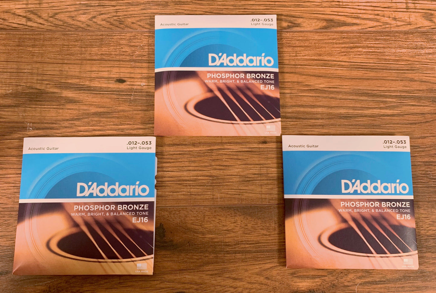 D'Addario EJ16 Phosphor Bronze Light Acoustic Guitar Strings 12-53 3 Pack