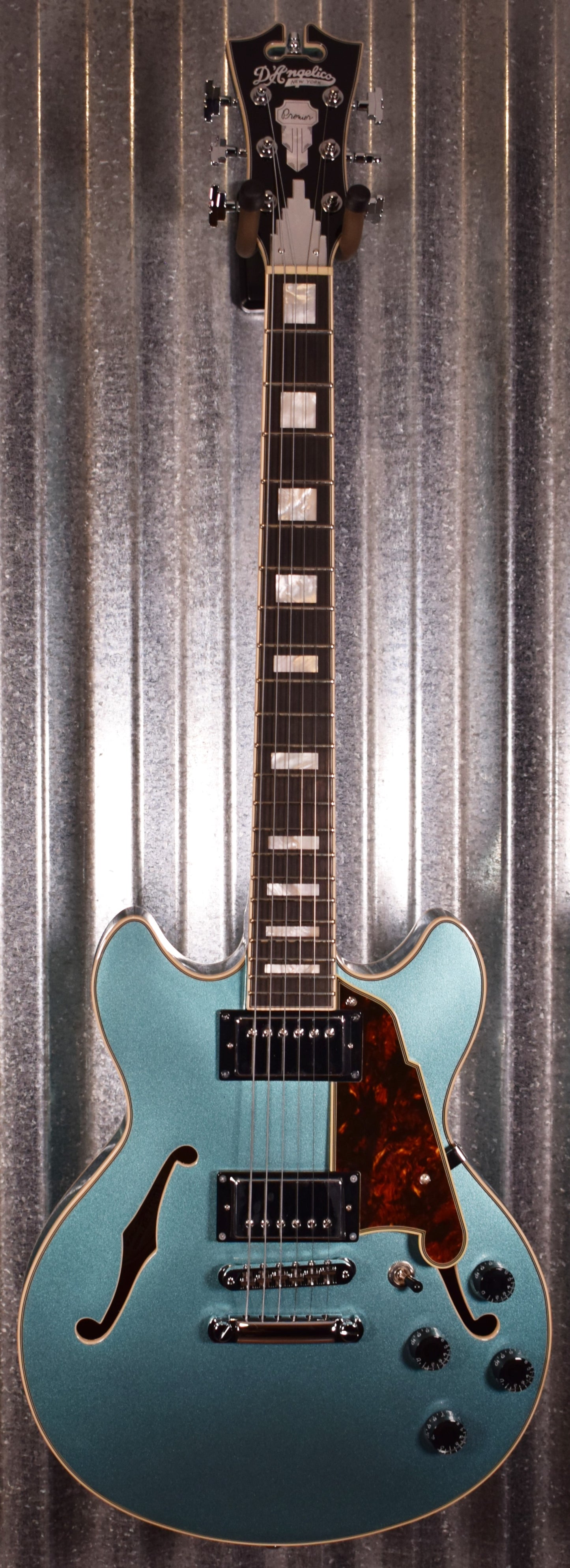 D'Angelico Premier Mini DC Double Cut Semi Hollow Stop Bar Ocean Turquoise Guitar & Bag #0089