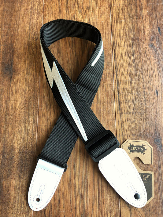 Levy's DM5-BLK 2" Soft-hand Polypropylene Guitar Strap White Leather Lightning Bolt Black
