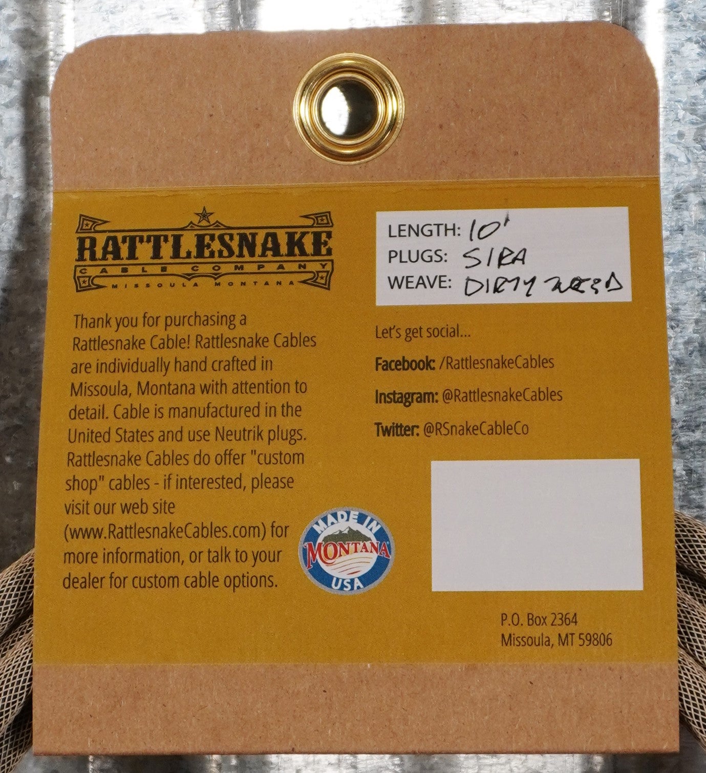 Rattlesnake Cable Co 10-ST-DT-M-NN 10' Standard Cable Dirty Tweed Right Angle & Straight Plug