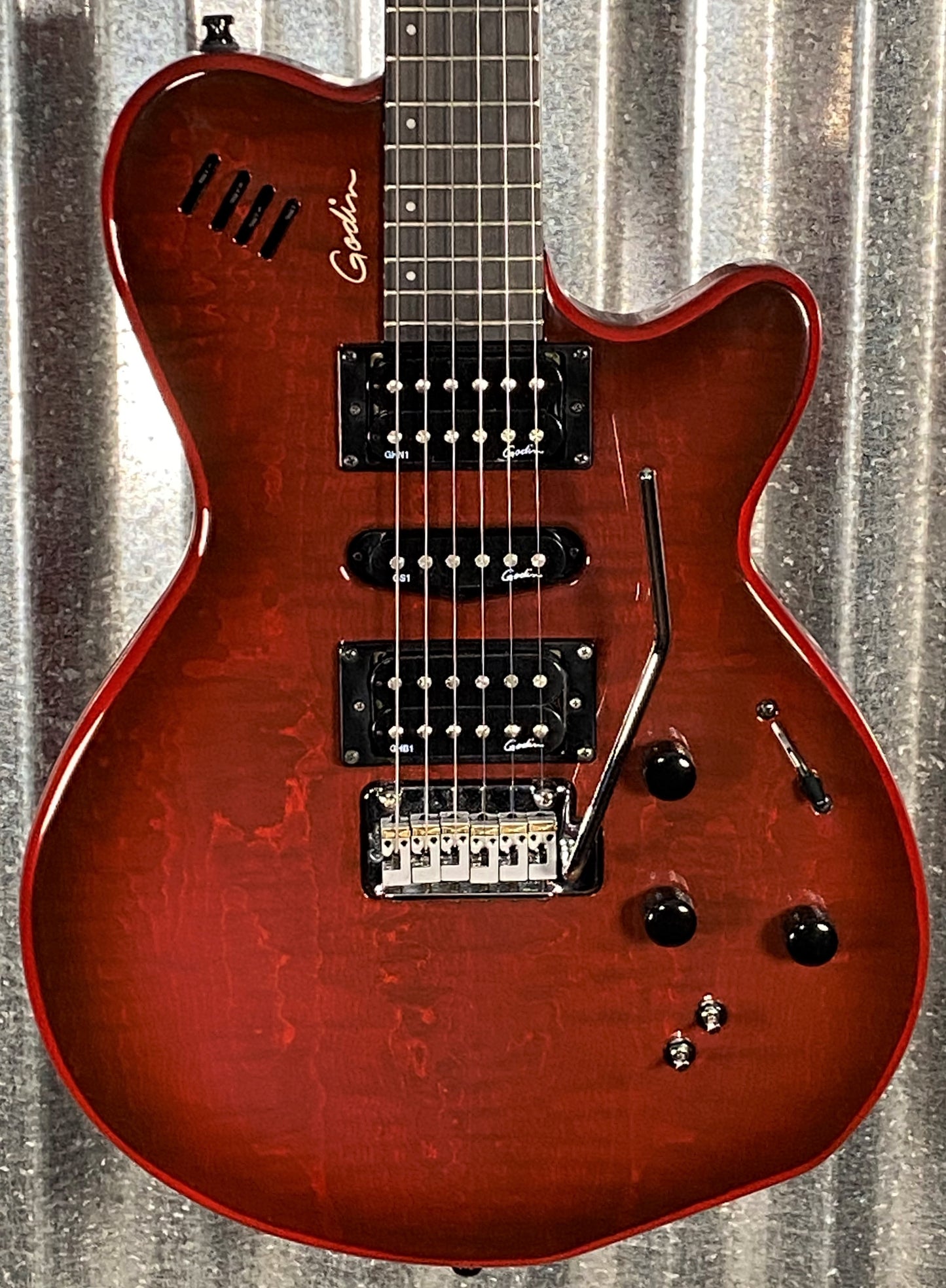 Godin xtSA Lightburst Flame Dark Trans Red Roland Synth Ready Guitar & Bag #2119 Used