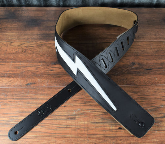 Levy's DM2-BLK 2.5" Leather Guitar & Bass Strap Lightning Bolt Black