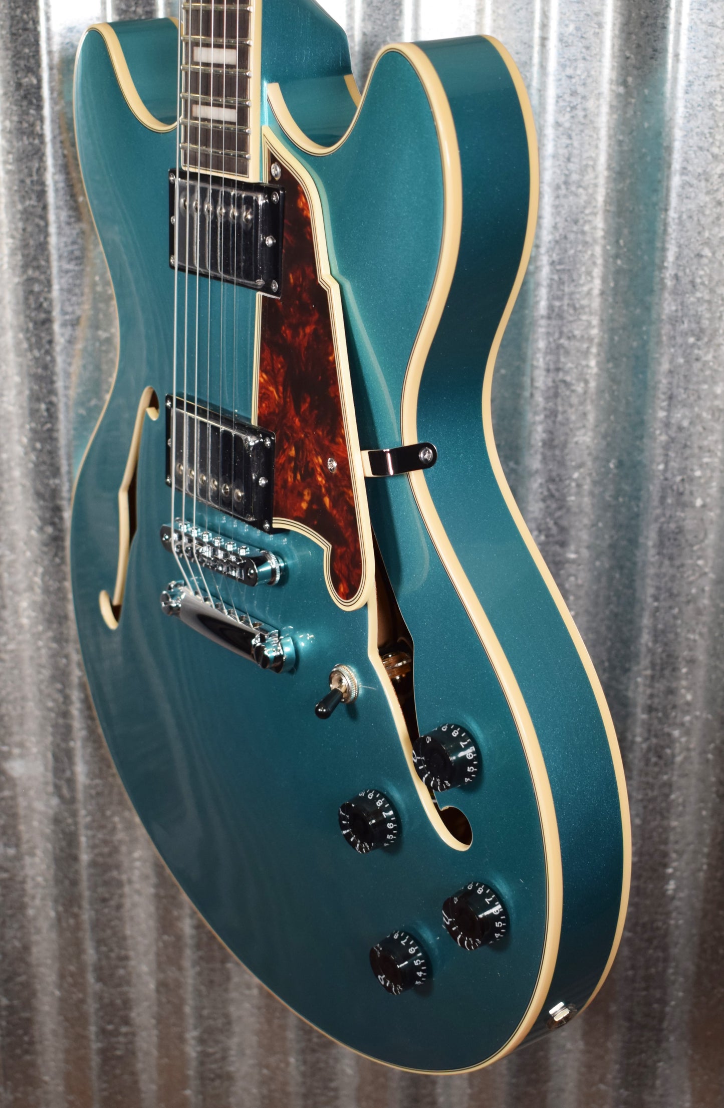 D'Angelico Premier DC Double Cut Semi Hollow Stop Bar Ocean Turquoise Guitar & Bag #0159
