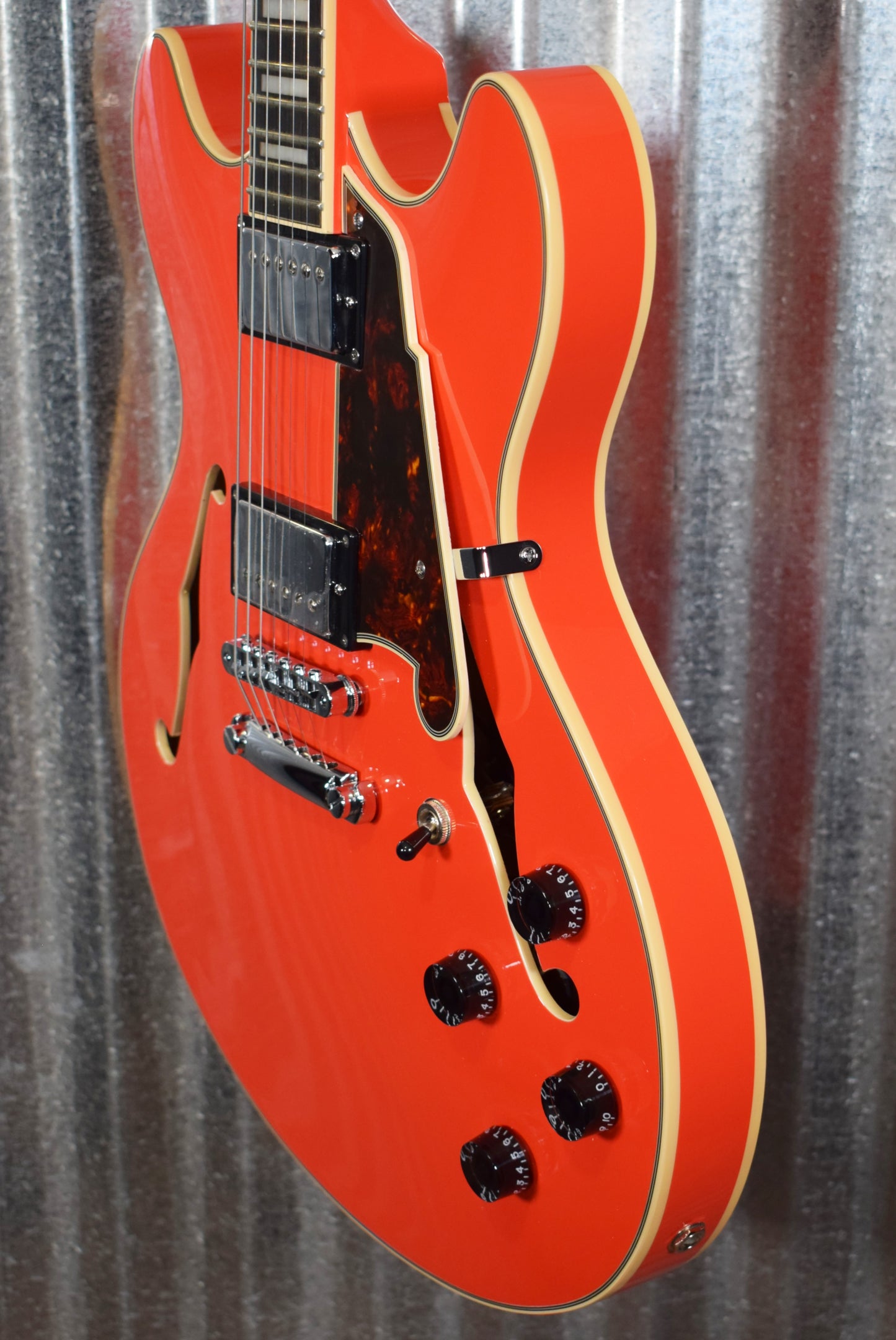 D'Angelico Premier DC Double Cut Semi Hollow Stop Bar Fiesta Red Guitar & Bag #5384