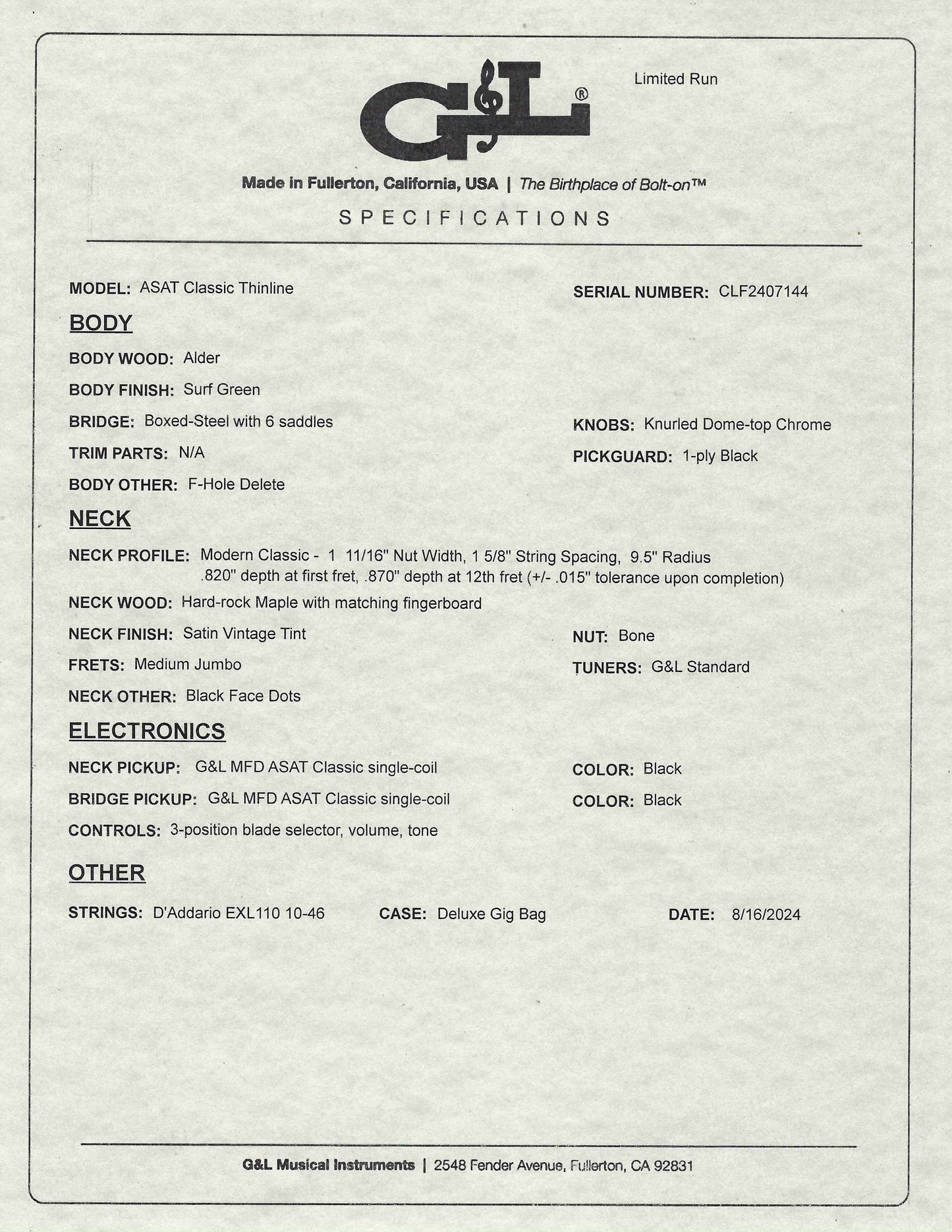 G&L USA ASAT Classic Semi Hollow Limited Edition Surf Green Guitar & Bag #7144 Used