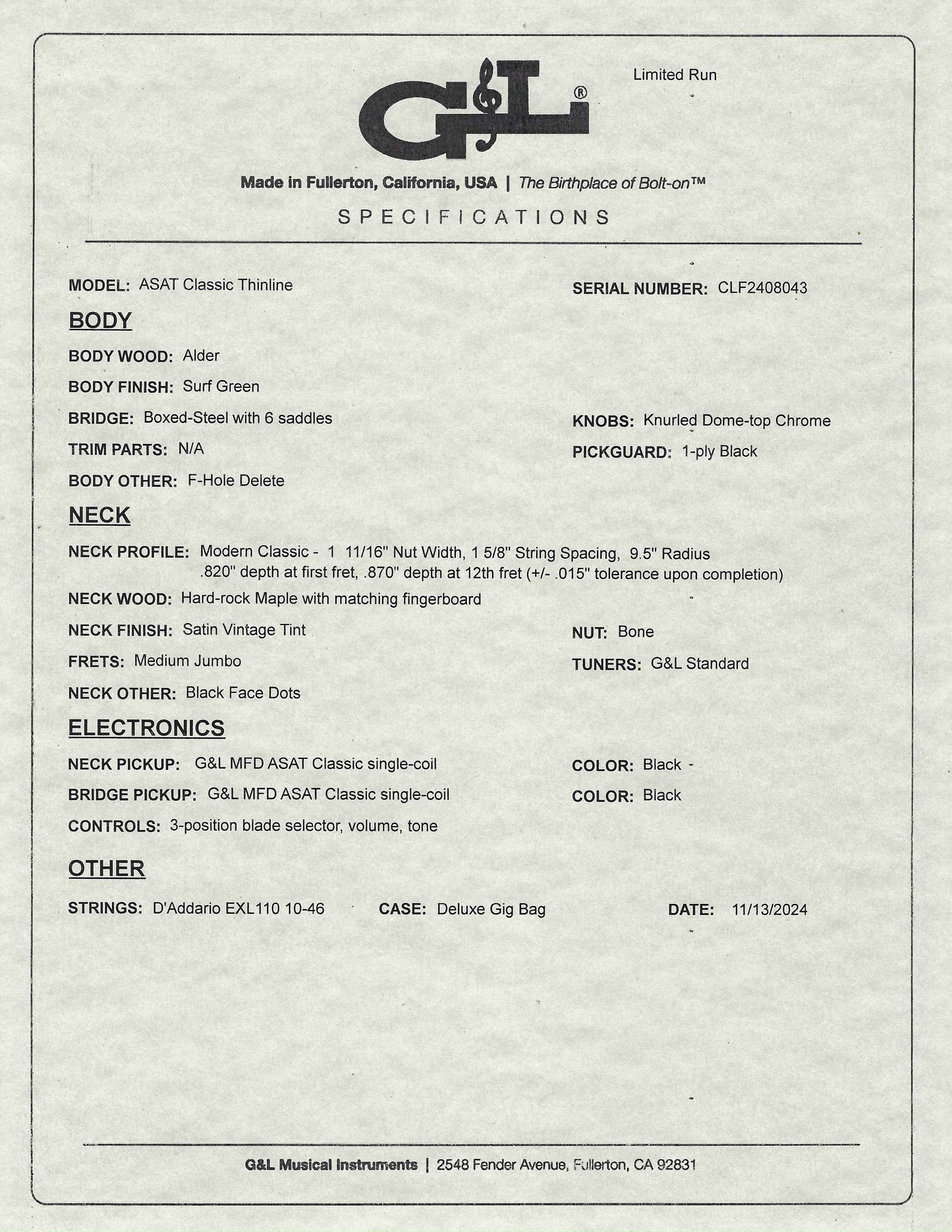 G&L USA ASAT Classic Semi Hollow Limited Edition Surf Green Guitar & Bag #8043 Used