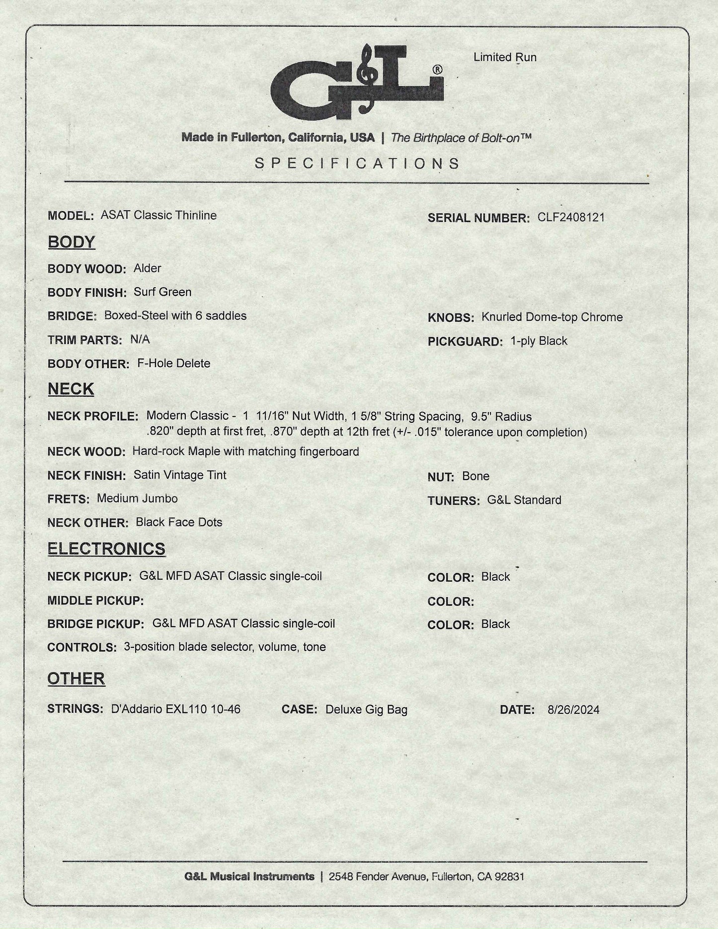 G&L USA ASAT Classic Semi Hollow Limited Edition Surf Green Guitar & Bag #8121 Used