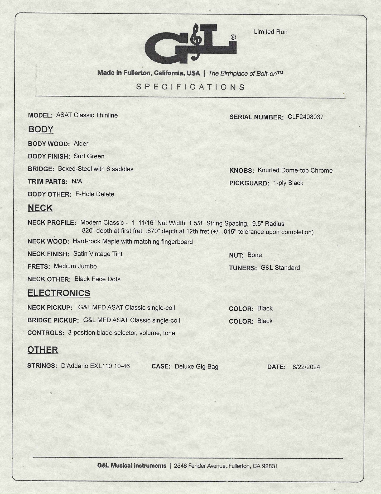 G&L USA ASAT Classic Semi Hollow Limited Edition Surf Green Guitar & Bag #8037 Used