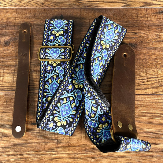 Musily Retro Guitar Strap Arabesque Ocean Blue X004GRA329 Picks Locks & Headstock Tie