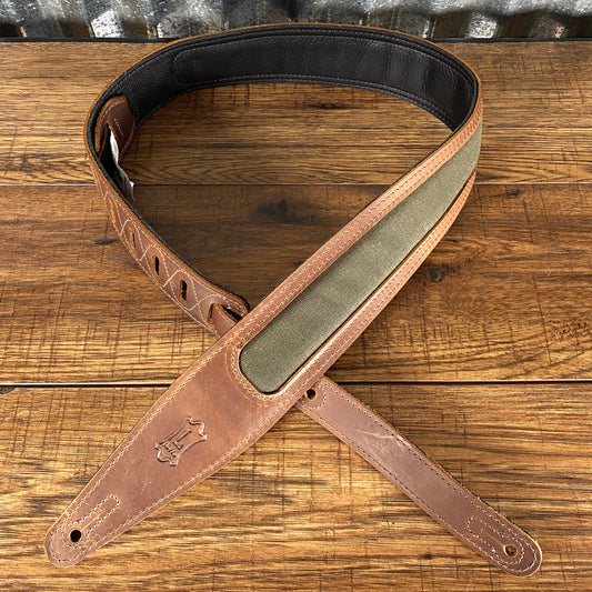 Levy's M317TRI-BRN-GRN 2.5" Crazy Horse Brown Leather Guitar Bass Strap Green Insert
