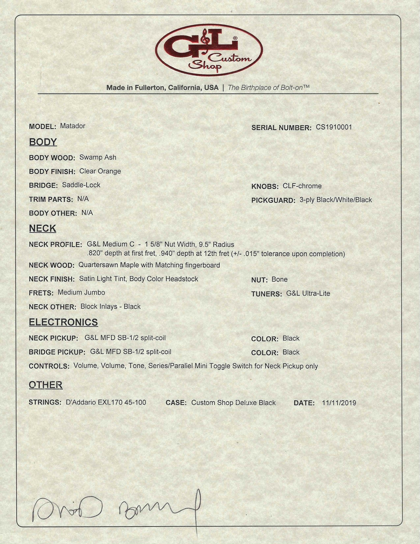G&L USA Custom Shop Matador Clear Orange 4 String Bass & Case #0001 Used
