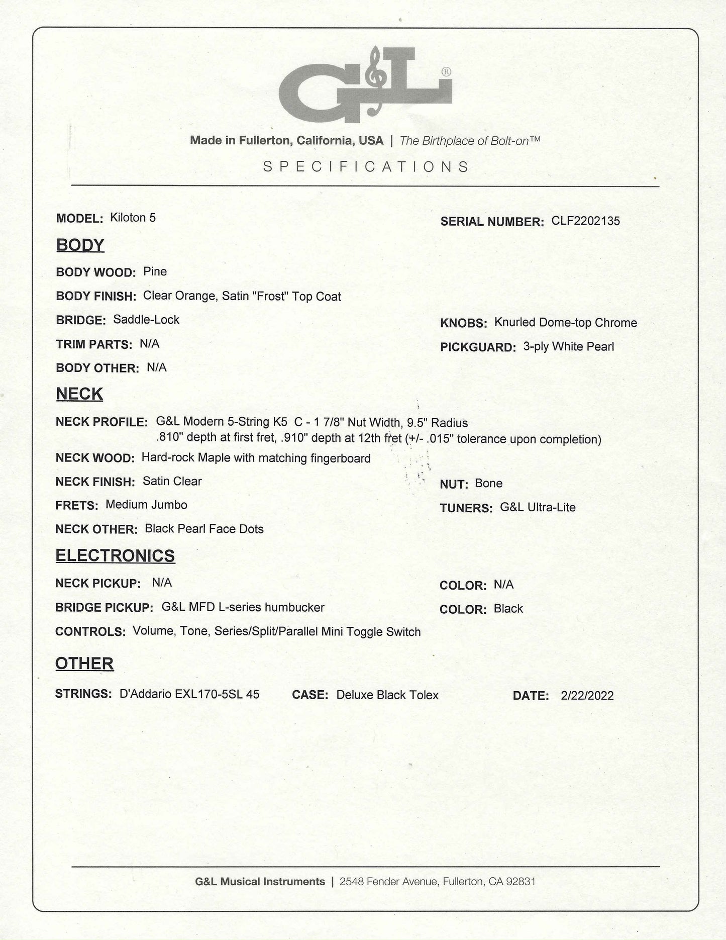 G&L USA Kiloton 5 Clear Orange Frost 5 String Bass & Case #2135 Used