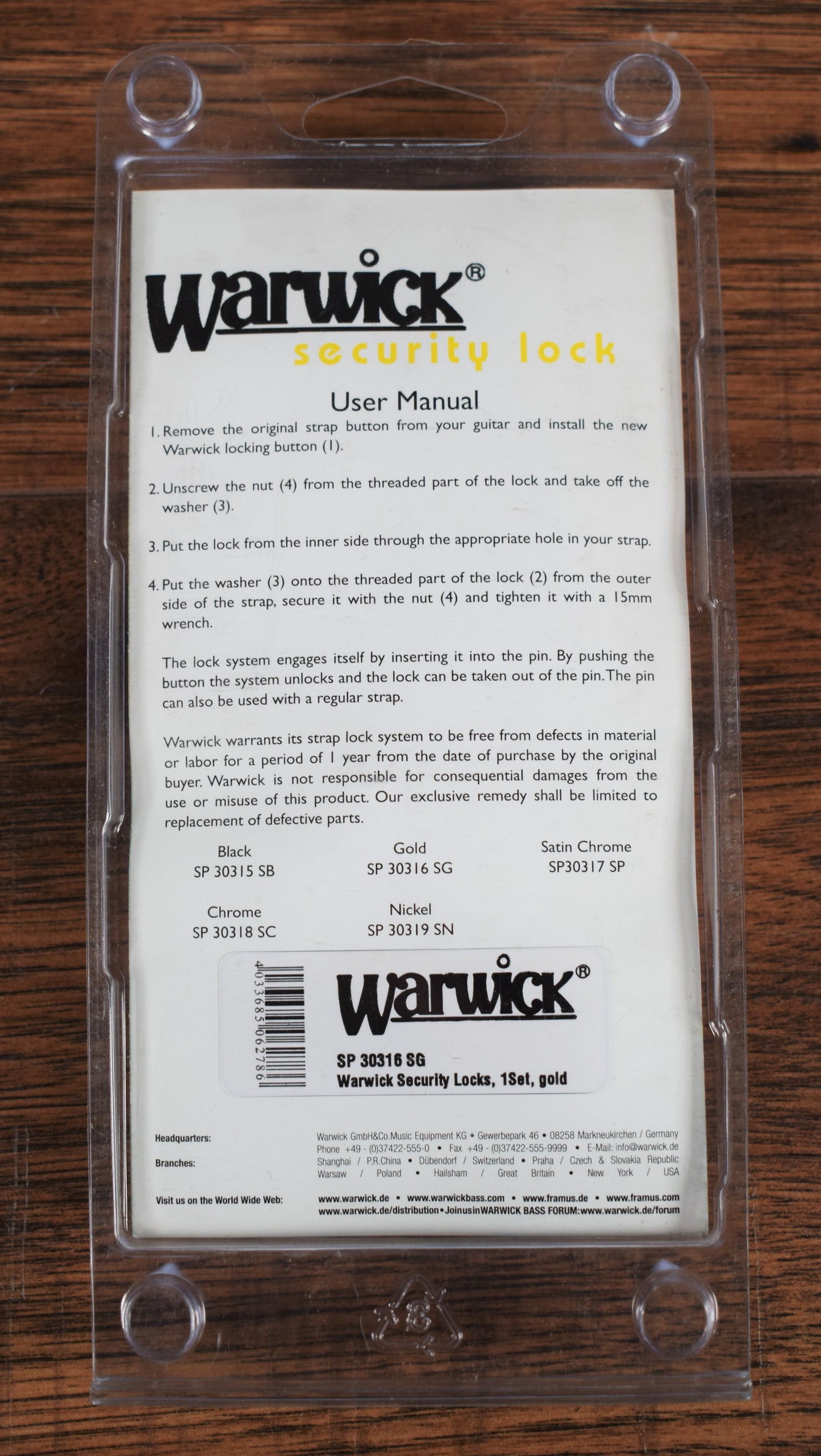 Warwick SP3031SG Spring Pin Style Guitar Bass Security Strap Lock Set Gold