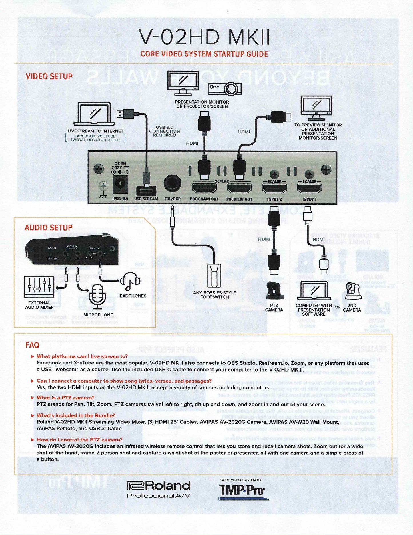 Roland PTZ-1W-V02 Single PTZ Camera & Mixer Video Streaming Bundled Solution White V-02HD AV-2020G